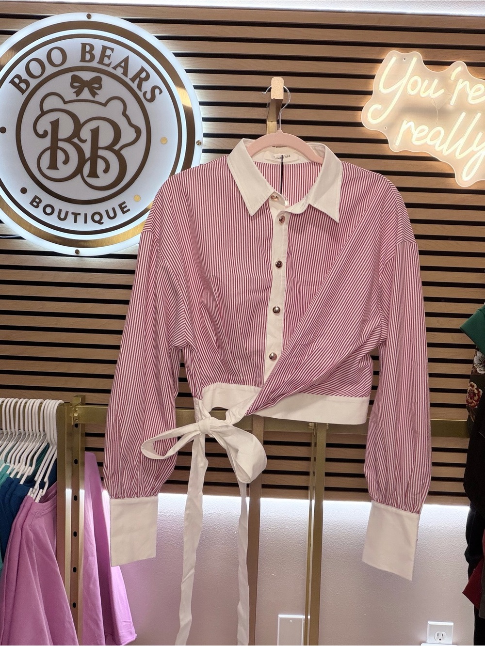 Commense Red and White Striped Wrap Button-Down Shirt